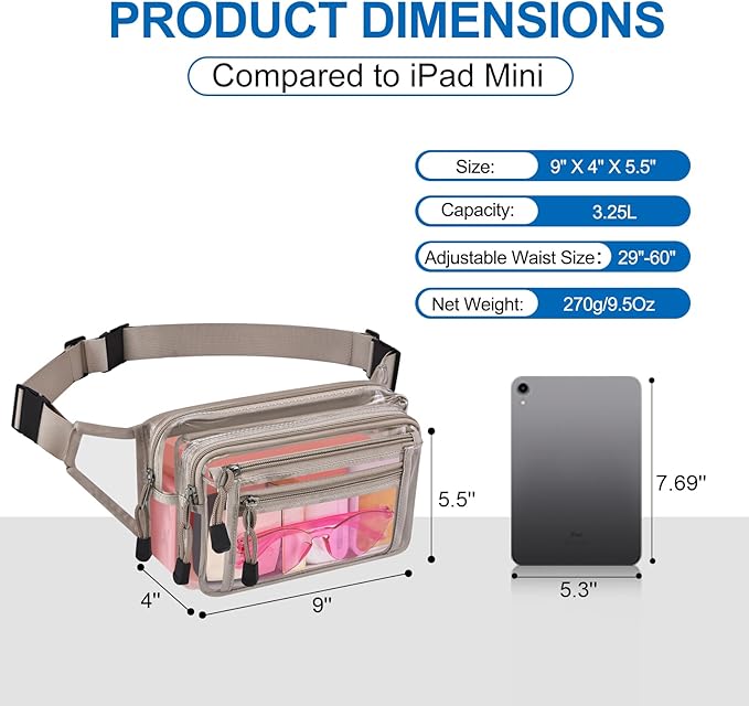 Clear Bag Stadium Approved Clear Fanny Pack for Women for Work,Multi-purpose Waist Bag for Travel & Sporting Event