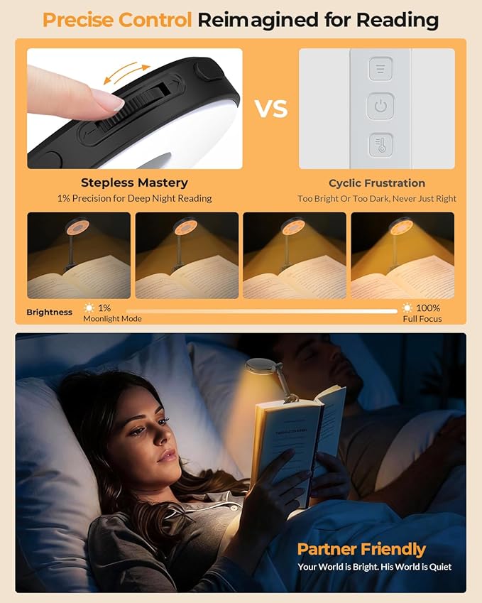 Reading Lights for Books in Bed:18 LED Rechargeable Clip-on Book Light with Timer & Memory Eye Caring 3 Color Temperature Stepless Dimming Portable Night Lamp Gifts for Men Kids Book Lovers