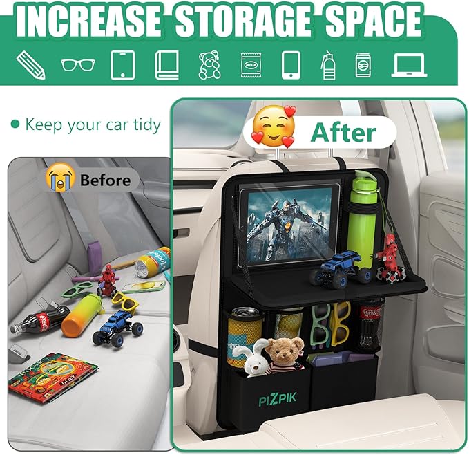 Plzpik Car Backseat Organizer with Tray(2Pack),11 Storage Pockets with Foldable Food Tray, Protector Kick Mats for Kids, Travel Accessories Organizer (Black)