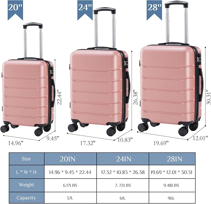 NEWBULIG 24 Inch Checked Luggage, ABS Hard Shell Lightweight Rolling Expandable Suitcase with Smooth Spinner Wheels and TSA Lock for Business Trips and Daily Vacations, Pink