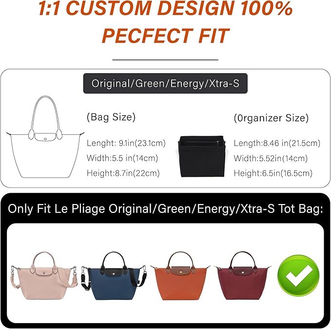 Premium Felt Purse Organizer Insert for Longchamp Le Pliage, Zipper Long Champ Bag Organizer Insert with Cup Holder, 9 Compartments,S/Black