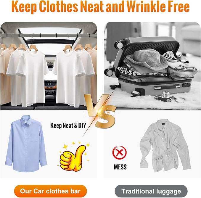 Car Clothes Hanger Bar Heavy-Duty Wrinkle Free Clothes Rack for Car Adjustable 30-64 Inches Automotive Travel Hangers for SUVs, Vans, Trucks, RVs (Gray)