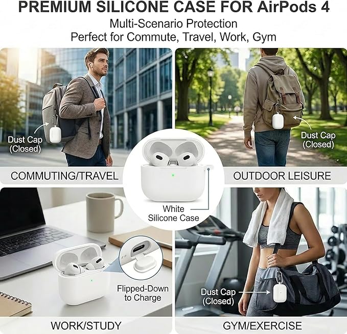 for Airpods 4th Case Cover, Come with Cleaner Kit,Soft Skin Silicone Case Cover with Keychain, Full Protective Case for Men and Women, Compatible with AirPods 4th Generation Case,White