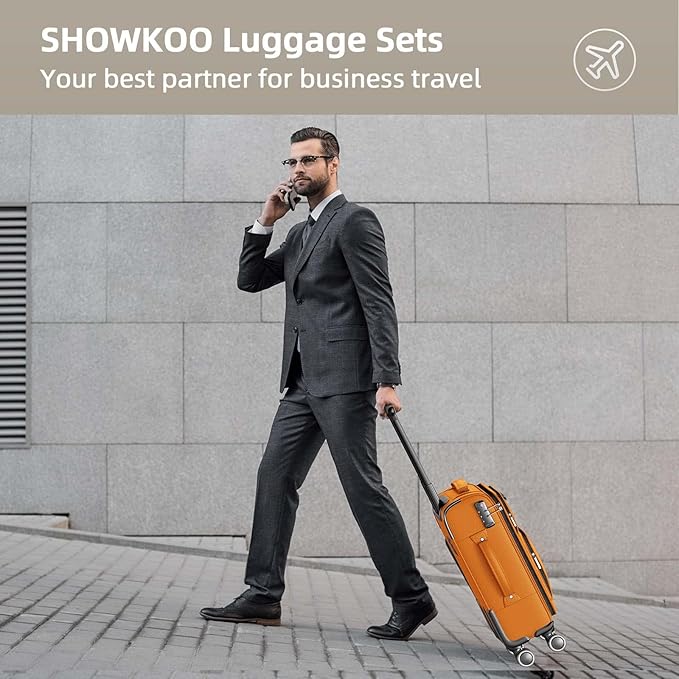 SHOWKOO Luggage Sets 3 Piece Softside Expandable Lightweight Durable Suitcase Sets Double Spinner Wheels TSA Lock Hot Orange (20in/24in/28in)