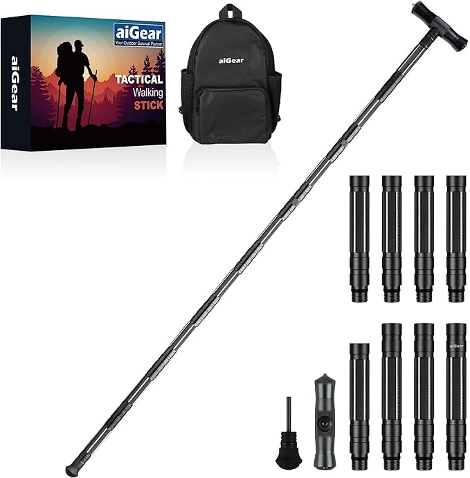 aiGear G2 Tactical Hiking Stick, Heavy-Duty 6-8 Section Adjustable Walking Staff for Men Women, Aerospace Aluminum Trekking Poles with Multi-Tool for Camping Wading Self Defense Overlanding