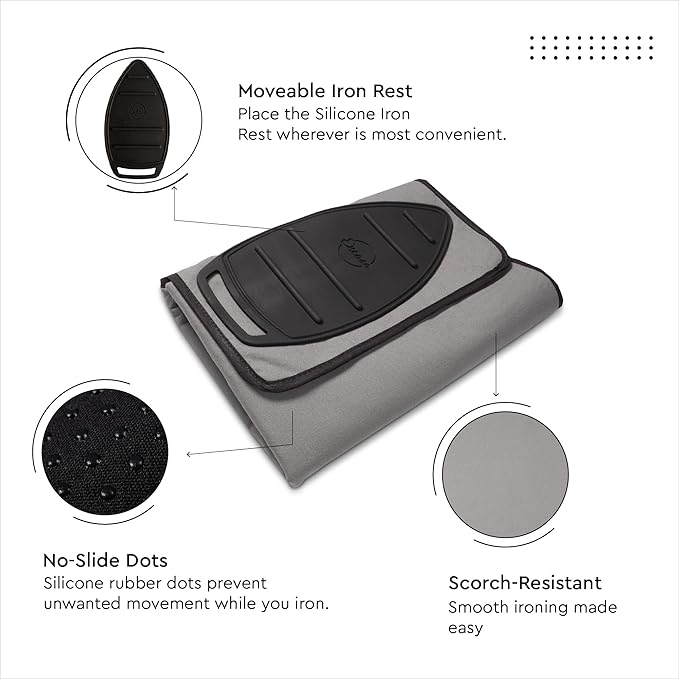 Encasa XO Ironing Mat/Pad Small 28"x20" with Padding, Anti-Slip, Silicone Iron Rest, Steam Press on Tabletop & Bed, Heat Resistant, Portable, Easy to Carry, Grey
