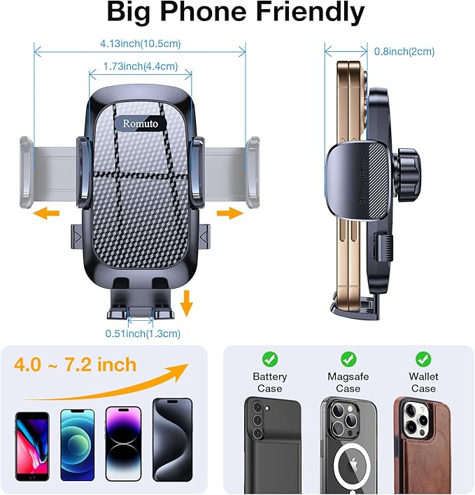 Romuto Phone Holders for Your Car Phone Holder Mount【Strongest Suction】 Cell Phone Mount for Car Dash Pad Car Accessories for Women Men Dashboard/Windshield/Vent Truck Stand Mount for iPhone Samsung