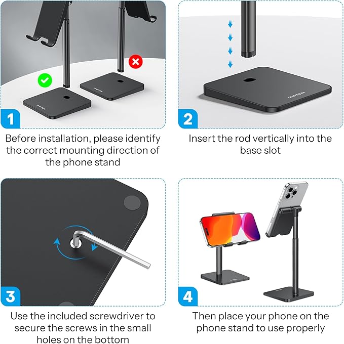 OMOTON Cell Phone Stand, Adjustable Angle Height Desk Phone Dock Holder for iPhone Air /17/17 Pro/XS Max/XR, Samsung Galaxy S20 / S10 / S9 / S8 and Other Phones (3.5-7.0-Inch), Black
