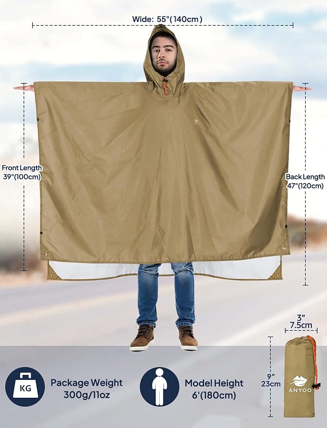 ANYOO Hooded Rain Poncho for Adults Waterproof Lightweight Rain Coat for Men Women Reusable Rain Jacket for Emergency Outdoor