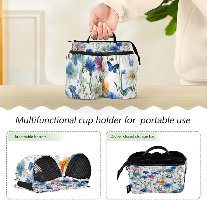 Luggage Cup Holder for Suitcases Free Hands Suitcase Cup Holder Travel Luggage Drink Holder Portable Luggage Cup Caddy Bag Carrier with Handle Watercolor Cornflower Daisy