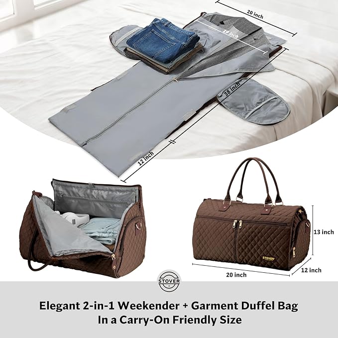 STOVER Women’s Convertible Garment Duffel Bag for Travel – 2-in-1 Carry-On Weekender/Overnight Tote - Wrinkle-Free Dresses, Suits & Clothes + Shoe Compartment & Bonus Toiletry Bag (Mocha Brown)