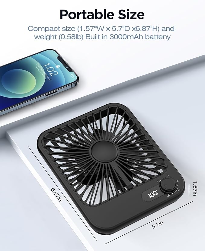 2 Pack Portable Travel Fan for Sleeping 5000mAh, 6.8" Small Desk Fan with 100 Speed,Digital Display, Rechargeable Battery Powered Fan for Cruise Office Bedroom Outdoor