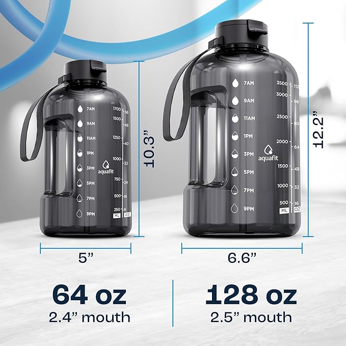 AQUAFIT 1 Gallon Water Bottle with Time Marker - Straw & Chug Lid - BPA Free Gym Water Bottle with Straw - Big Gallon Jug (Midnight Gray, 128 oz - 2 Lids)