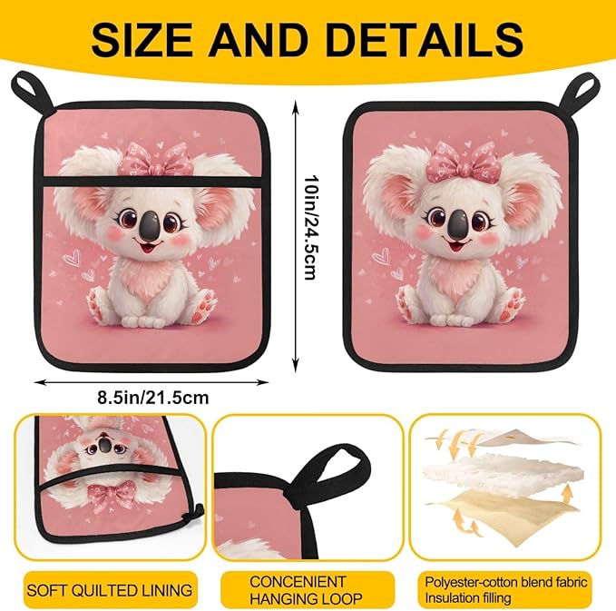 Cute Pink and Sloth Pot Holders with Pockets 2 PCS, Heat Resistant Oven Mitts Hot Pads for Kitchen Baking Cooking, Square Thick Pot Holders Kitchen Hot Potholders, 8.5x10 Inches