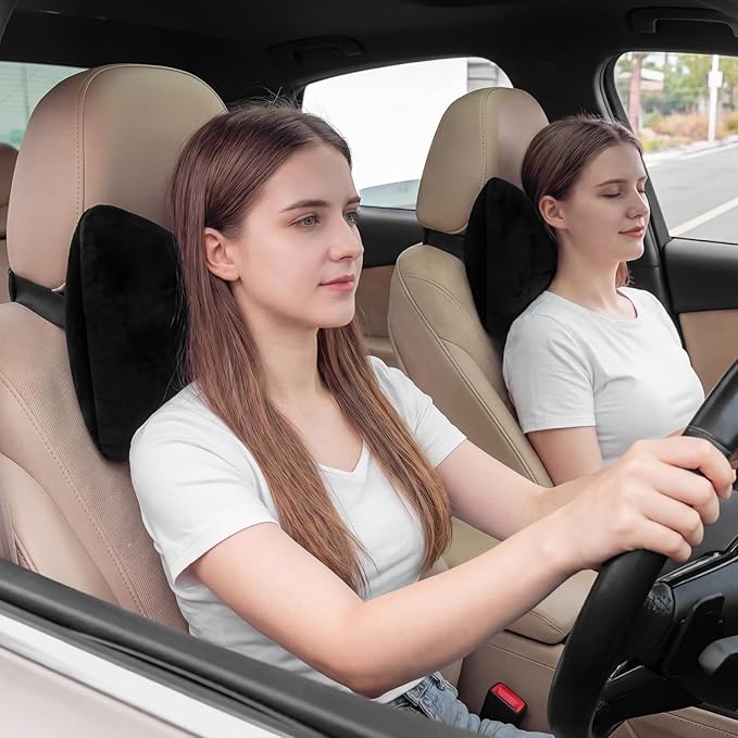Macarrie 2 Pcs Car Neck Pillow Velvet Bow Headrest Pillow Soft Comfortable Seat Neck Support Cute Bow Car Accessories for Driving Travel Driver Chair Girl Interior Decor (Solid,Black)