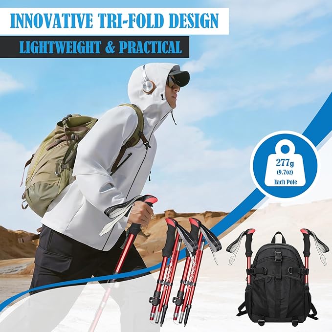 Deepfeel Collapsible Trekking Poles Folding Hiking Poles, Adjustable Height, Lightweight Aluminum Alloy Walking Sticks for Men & Women 2 Packs