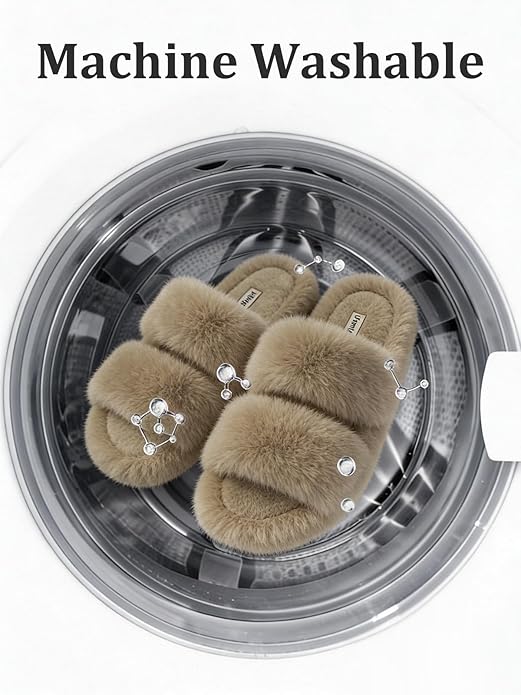 FamilyFairy Women's Fluffy Faux Fur Slippers Comfy Open Toe Two Band Slides with Fleece Lining and Rubber Sole