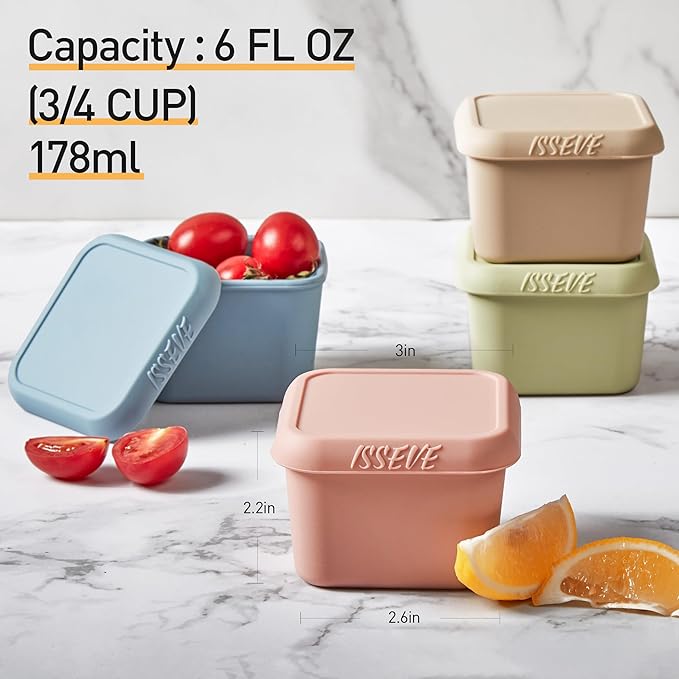ISSEVE 4pack 6oz Silicone Snack Containers for Kids, Reusable Small Containers with Lids, Leak Proof Food Storage Containers, Children Kids Lunch Box for Daycare, School, Travel