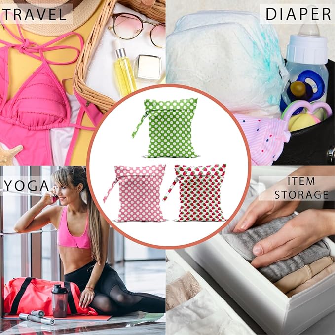Polka Dot & Strawberry Wet Bag, 3 Pack, Washable Reusable Wet Dry Bag for Swimsuit, Dirty Clothes Diaper Travel Pool Gym Party Camping Toiletries Travel Beach Essentials, Strawberry Lover Gifts