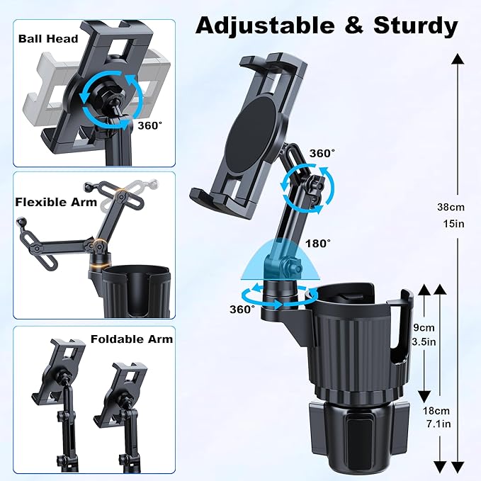 Cup Holder Tablet Mount, Ipad Cup Holder Car Mount with Adjustable Arm for Tablet iPhone 3-11in iPad Pro Air Mini, Fire, iPhone 15, Galaxy S24 Z Fold 5