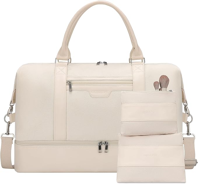 Oeihuivt Weekender Bags for Women - 21 Inch Large Travel Duffel Bag 2-Piece Set with Shoe Compartment, Heavy-Duty Canvas Leather Carry On Overnight Tote