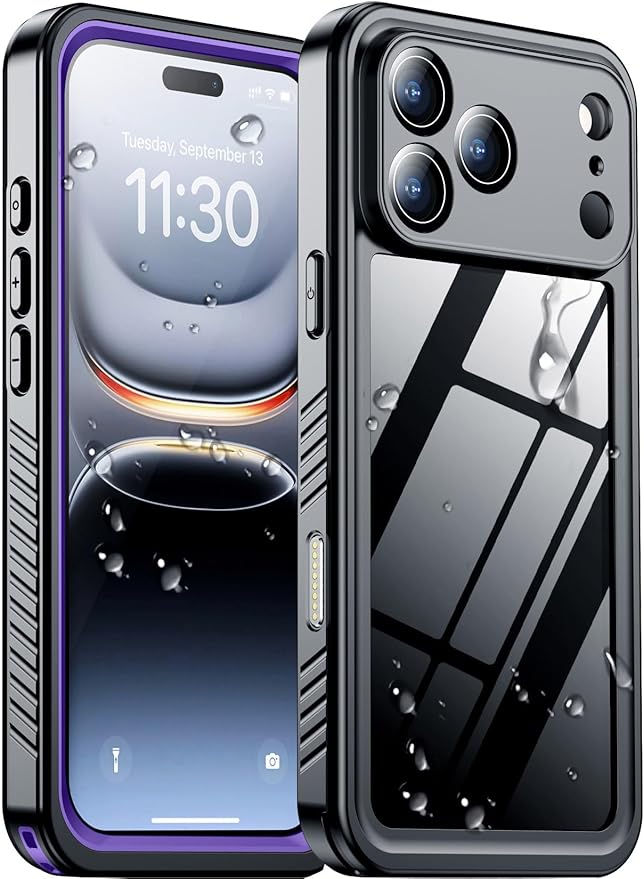 Compatible with iPhone 17 Pro Case,Waterproof Built-in Screen & Camera Protector IP68 Underwater Full Body 17FT Military Dropproof Shockproof Phone Case 6.3"-Purple/Clear