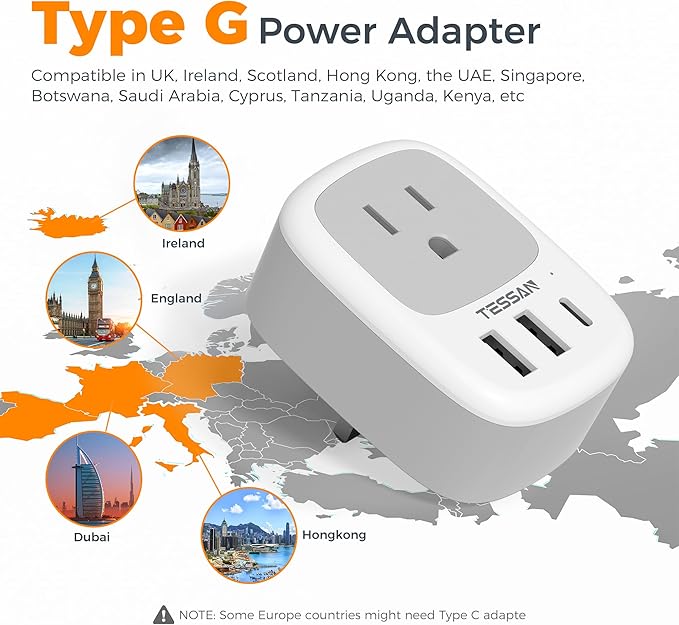 UK Adapters for Travel 3 Pack, TESSAN US to UK Plug Adapter with 3 USB Ports (1 USB C), Type G Power Adaptor for USA to Ireland Scotland Dubai Hong Kong England British Kenya London
