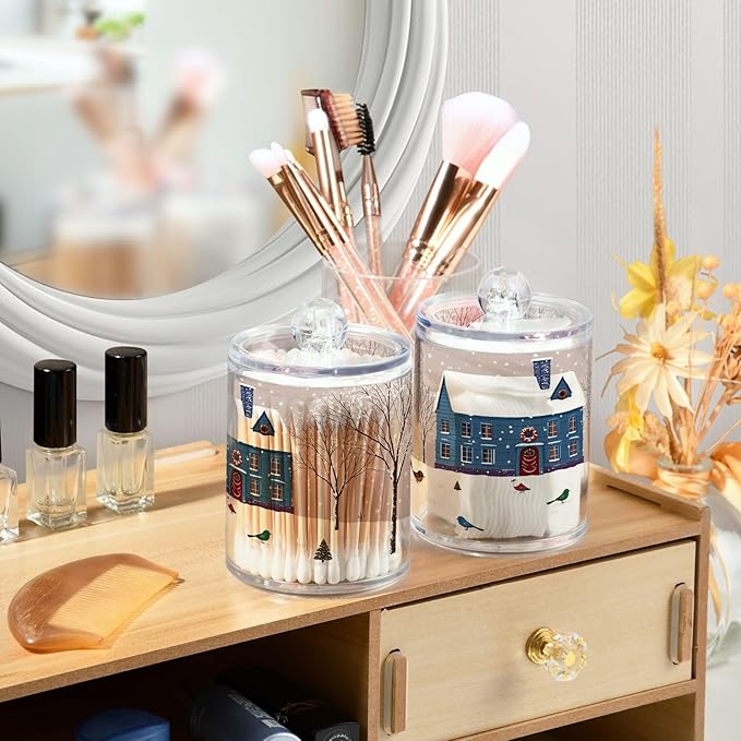 Gredecor Christmas Winter Qtip Holder Dispenser 2 Pack Snowmen Snow Courtyard with Trees Bathroom Decorative Storage Canister Holder Counter Vanity Organizer for Cotton Ball Swabs Pads Floss