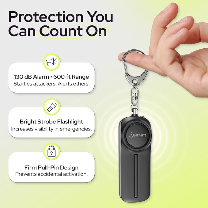 Weten Personal Safety Alarm Keychain - 2 Pack 130dB Siren, LED Light, Panic Pin – Compact Self-Defense Device and Emergency Whistle Alternative for Women, College, Travel, and Night Walk Protection