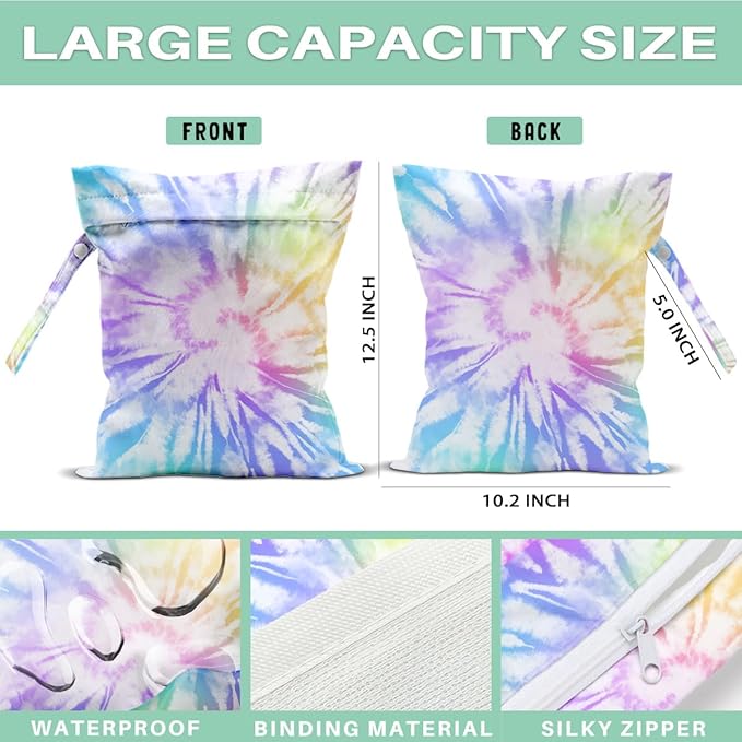2-Pack Reusable Waterproof Wet Bags, Rainbow Tie Dye Colorful Pattern Wet Dry Bag, Portable Storage Bag for Swimwear Baby Garments