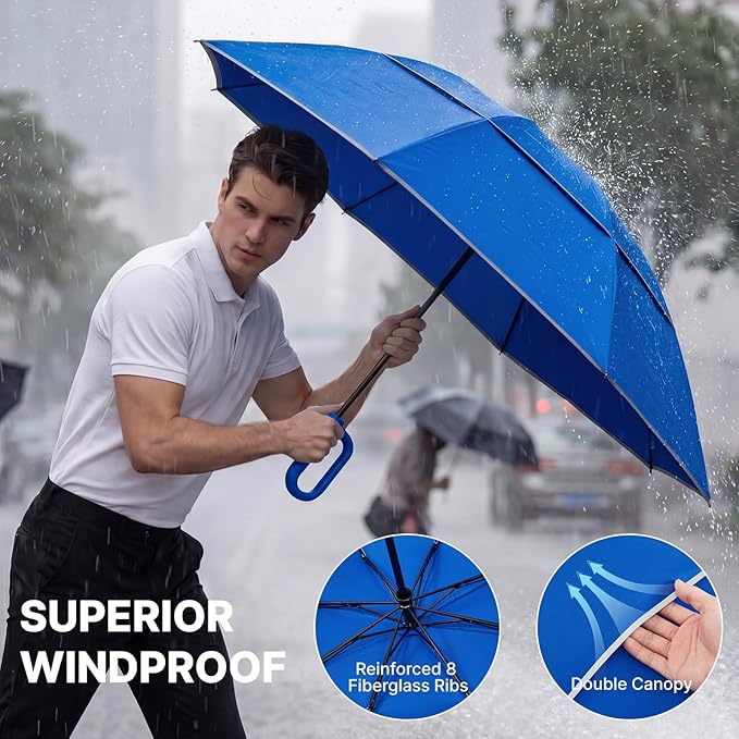 G4Free 46inch Ring Buckle Umbrella, Inverted Design with Carabiner Handle, Compact Travel Umbrella with Reflective Strip, Automatic Windproof for Rain