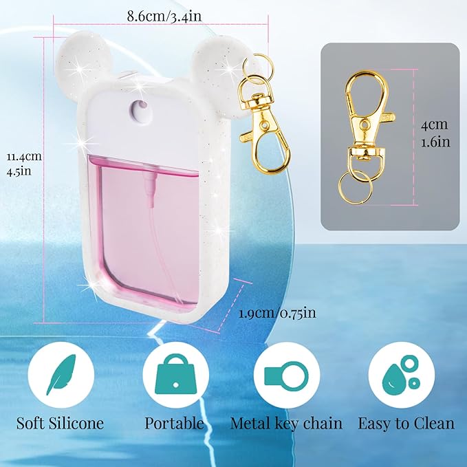 TERPINK 2 Pack Silicone Case Compatible with Touchland Hand Sanitizer Spray 1 fl oz, Mouse Design Protective Case with Keychain, Hand Sanitizer Spray Accessory (Glitter Sequin White+Purple)