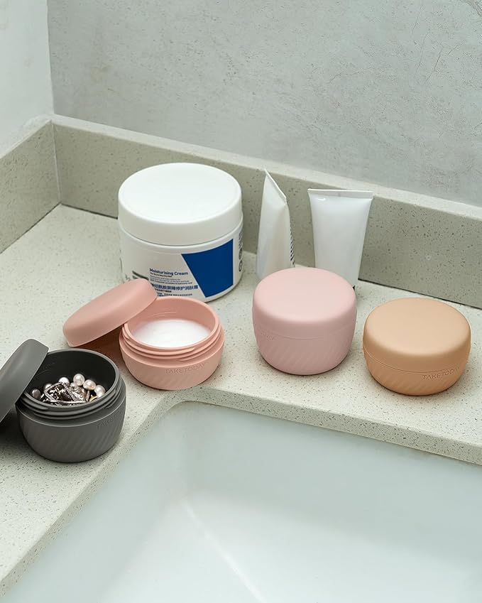 TakeToday Travel Containers for Toiletries, Leak-Proof, TSA Approved, Refillable Silicone Cylindrical Cream Jars with Lid for Cosmetic Toiletry, 2 &3oz, 4 Pack, Apricot