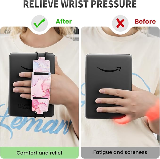 MoKo 2 Pack Security Hand Strap for 6-8" eReaders Fire Tablet -Kindle/Kobo/Voyaga/Lenovo/Sony E-Book Tablet, High-Elasticity Versatile Hand Strap Lightweight Finger Grip Holder, Pink+Marble Pink