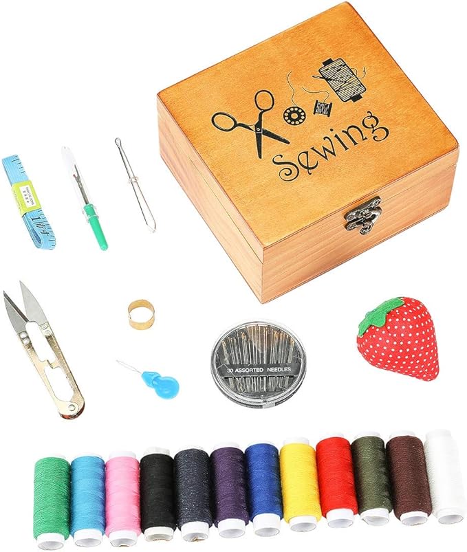 Sewing Kit, Wooden Sewing Kit Box for Adults, Wooden Sewing Basket with Accessories, Home Sewing Basket Stitching Repair Kit for Beginner, Women, Men (Brown)