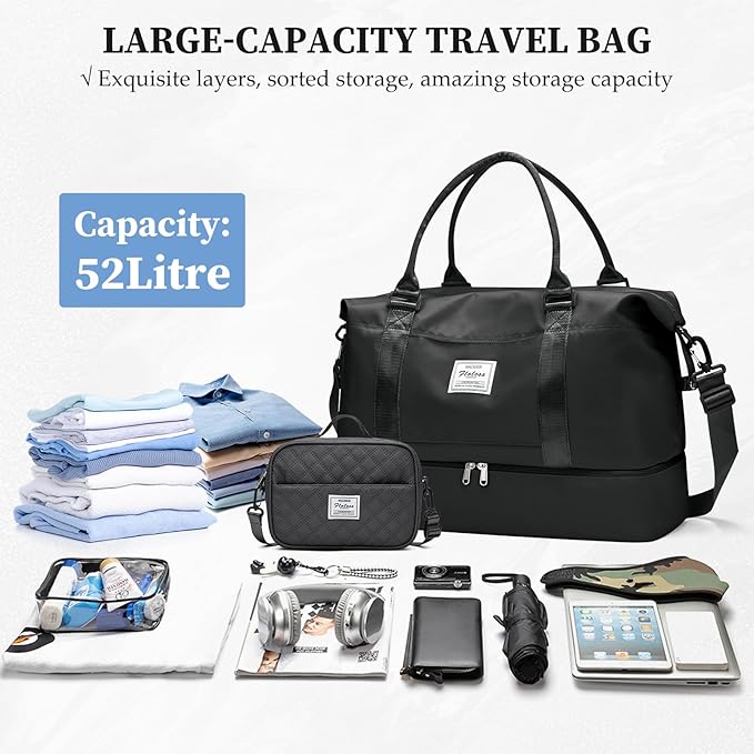 Weekender Bags for Women,Extra Larg Travel Duffle Overnight Bag with Shoe Compartment,Personal Item Carry On Bag,Black,3 Pcs Set