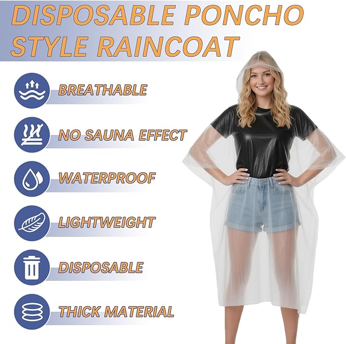 30 Pack Disposable Rain Ponchos for Adults, Emergency Clear Poncho with Hood Waterproof Bulk Plastic Rain Coat Family Pack for Hiking, Camping, Travel