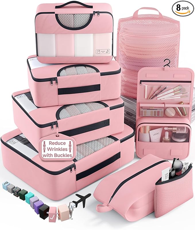 Veken 8 Set Packing Cubes for Cruise Ship Essentials,Beach Vacation Travel Accessories with Hanging Toiletry Bag,Suitcase Organizer for Luggage,Personalized Birthday & Retirement Gifts for Women Mom
