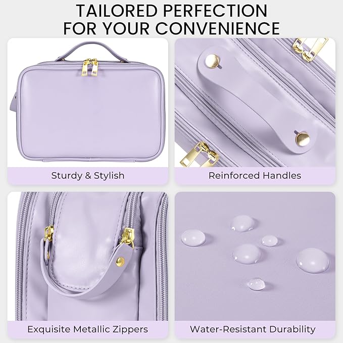 Travel Makeup Bag Women's Large Capacity Cosmetic Portable Organizer Large Opening Waterproof Storage Toiletry Bags Vertical Free-Standing Brush Holder for Easy Access Purple