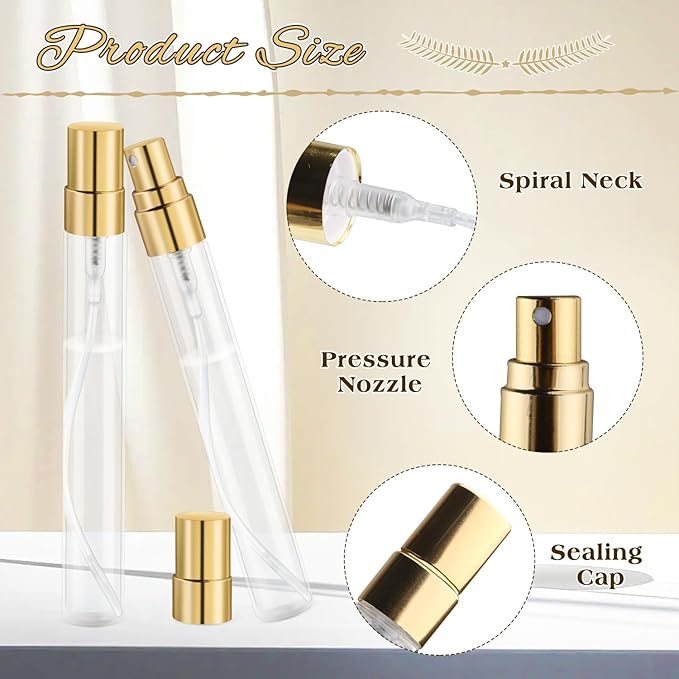 30 Pcs 10ml/0.34oz Mini Spray Bottle Glass Fine Mist Perfume Atomizer Empty Sample Containers with Golden Lids for Travel Cleaning Essential Oils