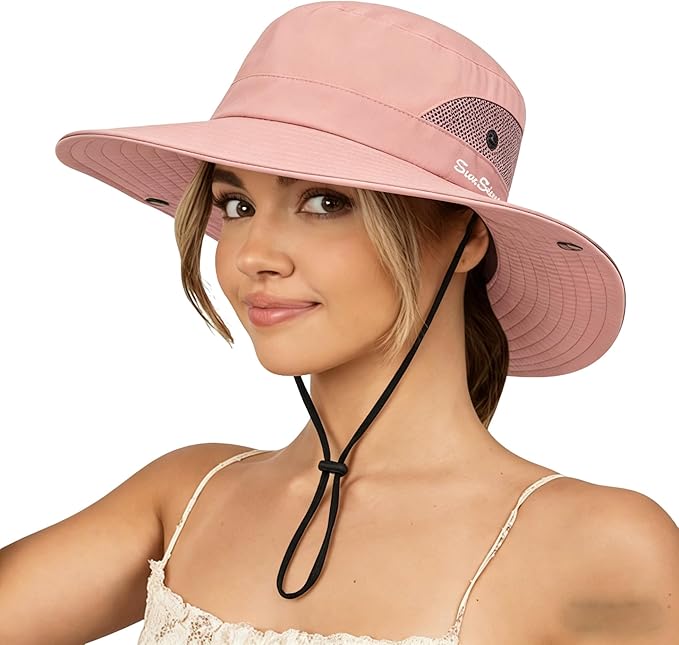 Sun Hat for Women Summer UV Protection Beach Hat Wide Brim Mesh Bucket Fishing Hat with Ponytail Hole Foldable Packable Hat