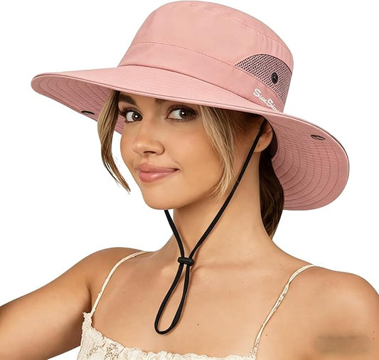 Sun Hat for Women Summer UV Protection Beach Hat Wide Brim Mesh Bucket Fishing Hat with Ponytail Hole Foldable Packable Hat