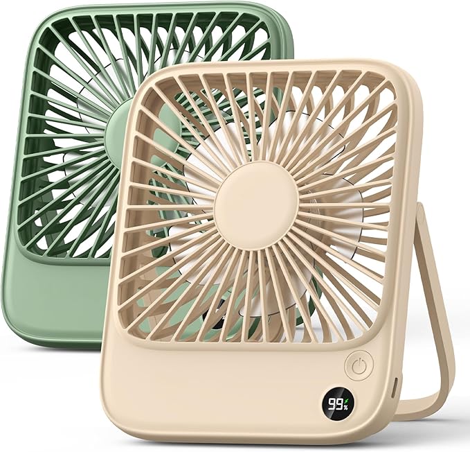 TOPK 2 Pack 5000mAh Portable Desk Fan, Ultra-Thin Rechargeable Battery Operated Fan with Digital Display, Quiet 4-Speed Small Personal Travel Fans for Office, Bedroom, Cruise, Outdoor