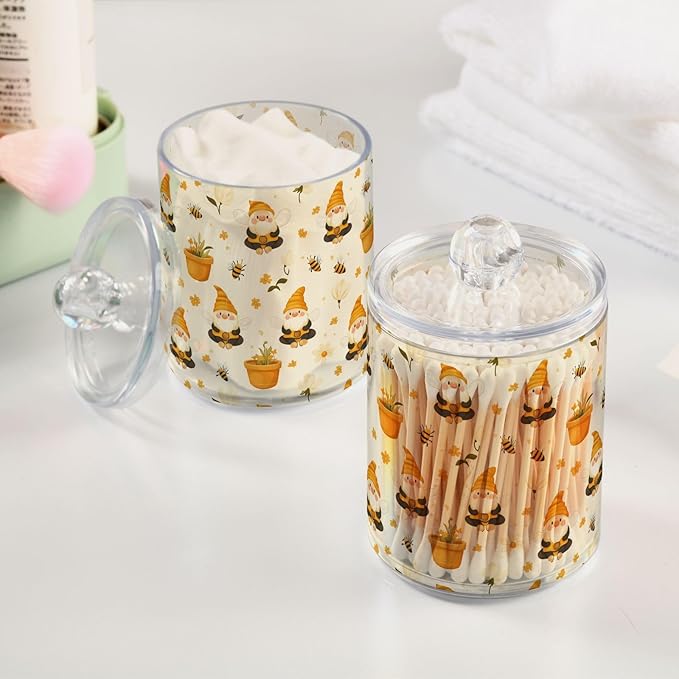 Gredecor Qtip Holder Dispenser 4 Pack Gnome Bees Flying Dwarf Daisy Apothecary Jars with Lids Bathroom Vanity Countertop Canister Storage Organizer for Cotton Ball,Swabs,Pads,Floss