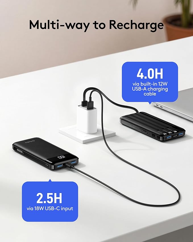 Orfeika Portable Phone Charger, 10000mAh Portable Charger 22.5W Fast Charging Power Bank with Built-in Cables, Travel Essential Battery Pack Compatible with iPhone, Samsung, Google, iPads, etc