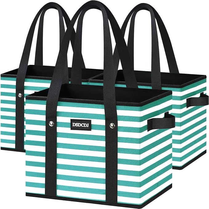 Reusable Grocery Bags 3 Pack - Heavy Duty Reusable Shopping Bags with Hard Bottom & Long Handles, Foldable Utility Tote Bag with Box Shape to Stand Up, 13x10.23x11in, Stripe Green