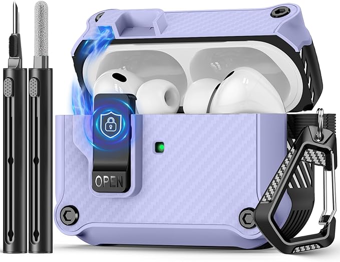 Pohgelan Compatible with AirPods Pro 3 Case,Magnetic Automatic Lock with Cleaning Kit,Compatible with Magsafe,Carbon Fiber Texture Cover-Purple