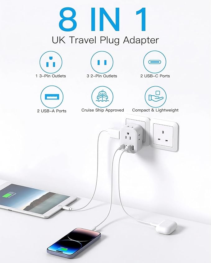 US to UK Plug Adapter 2 Pack, HANYCONY Type G Adapter for Travel with 4 Outlets 4 USB (2 USB C), Power Adapter for US to Ireland London Scotland Kenya Dubai Singapore Hong Kong