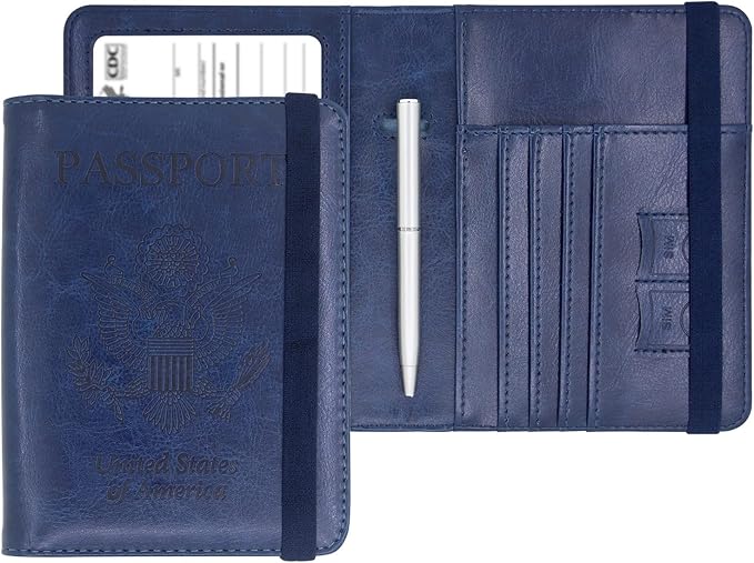 Passport Holder for Travel, RFID Blocking Passport Cover with Vaccine Card Slot, Leather Travel Wallet Combo & ID Organizer for Women, Dark Blue
