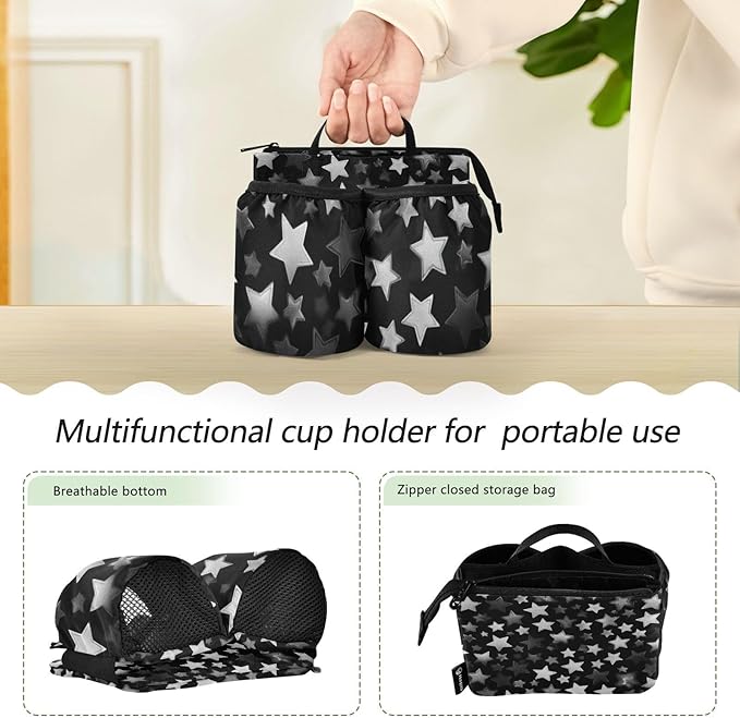 Luggage Cup Holder for Suitcases Free Hands Suitcase Cup Holder Travel Luggage Drink Holder Portable Luggage Cup Caddy Bag Carrier with Handle Silver and Grey Stars